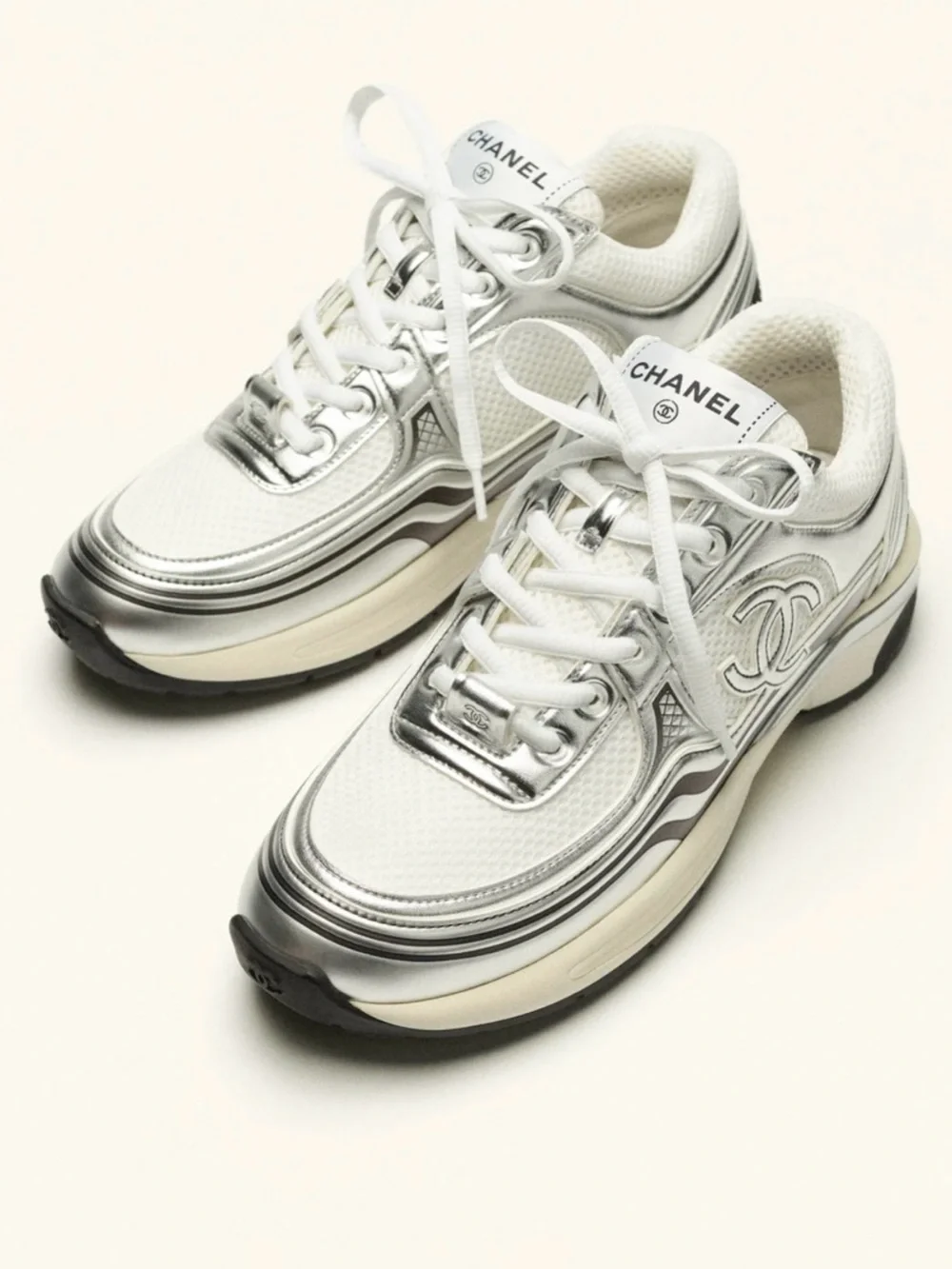 CHANEL White and Silver Metallic Leather Mesh Sneakers - Trainers - 37